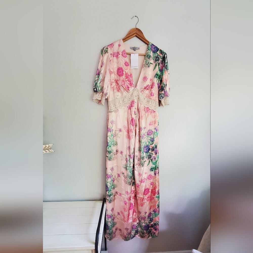 Hope & Ivy Maternity Floral Light Peach CutOut Balloon Sleeve Maxi Dress 14